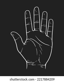 Vector illustration of counting hand isolated on black background. Open palm showing number five in sketch style.