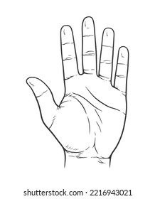 Vector illustration of counting hand. Open palm showing number five in sketch style.