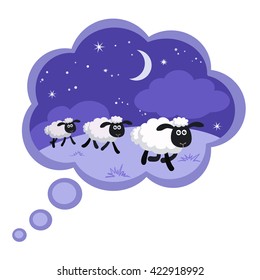 Vector illustration of counting sheep in the night background in a dream bubble with frame 