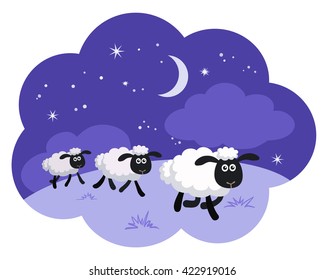 Vector illustration of counting sheep in the night background in a dream bubble isolated 