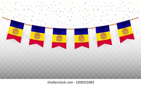 Vector illustration of the country flag of Andorra with confetti on transparent background (PNG). hanging flag for Independence Day celebration.