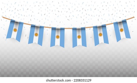 Ilustración vectorial de la bandera del país de Argentina con confiti sobre fondo transparente (PNG). Bandera colgante para la celebración del Día de la Independencia.