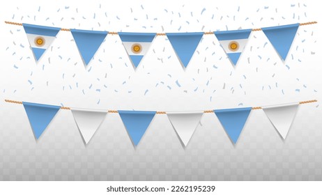 Ilustración vectorial de la bandera del país de Argentina con confiti sobre fondo transparente (PNG). colgando la bandera triangular para la celebración del Día de la Independencia.