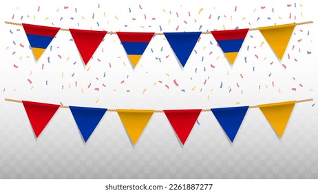 Vector illustration of the country flag of Armenia with confetti on transparent background (PNG). hanging triangular flag for Independence Day celebration.