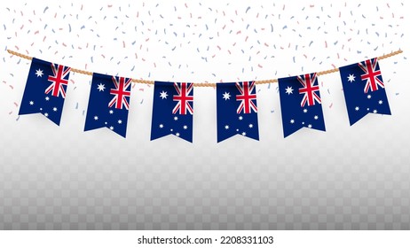 Ilustración vectorial de la bandera del país de Australia, con confetti sobre fondo transparente (PNG). Bandera colgante para la celebración del Día de la Independencia.