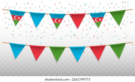 Vector illustration of the country flag of Azerbaijan with confetti on transparent background (PNG). hanging triangular flag for Independence Day celebration.