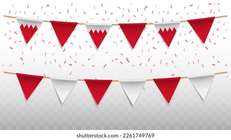 Vector illustration of the country flag of Bahrain with confetti on transparent background (PNG). hanging triangular flag for Independence Day celebration.