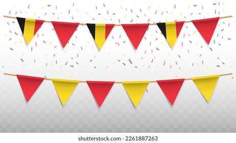 Vector illustration of the country flag of Belgium with confetti on transparent background (PNG). hanging triangular flag for Independence Day celebration.