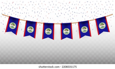 Vector illustration of the country flag of Belize with confetti on transparent background (PNG). hanging flag for Independence Day celebration.