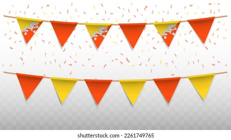 Vector illustration of the country flag of Bhutan with confetti on transparent background (PNG). hanging triangular flag for Independence Day celebration.