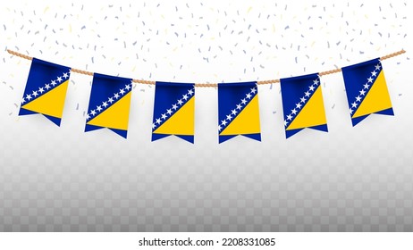 Vector illustration of the country flag of Bosnia-Herzegovina with confetti on transparent background (PNG). hanging flag for Independence Day celebration.