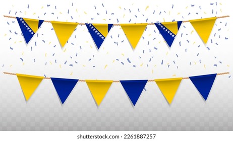Vector illustration of the country flag of Bosnia-Herzegovina with confetti on transparent background (PNG). hanging triangular flag for Independence Day celebration.