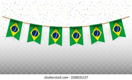 Ilustración vectorial de la bandera del país de Brasil, con confetti sobre fondo transparente (PNG). Bandera colgante para la celebración del Día de la Independencia.