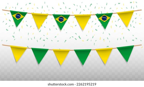 Vector illustration of the country flag of Brazil with confetti on transparent background (PNG). hanging triangular flag for Independence Day celebration.