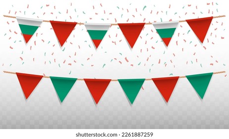 Vector illustration of the country flag of Bulgaria with confetti on transparent background (PNG). hanging triangular flag for Independence Day celebration.