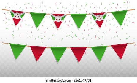 Vector illustration of the country flag of Burundi with confetti on transparent background (PNG). hanging triangular flag for Independence Day celebration.