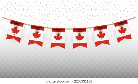 Vector illustration of the country flag of Canada with confetti on transparent background (PNG). hanging flag for Independence Day celebration.