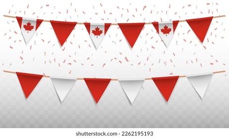 Ilustración vectorial de la bandera del país de Canadá, con confetti sobre fondo transparente (PNG). colgando la bandera triangular para la celebración del Día de la Independencia.