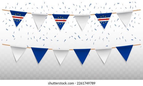 Vector illustration of the country flag of Cape Verde with confetti on transparent background (PNG). hanging triangular flag for Independence Day celebration.