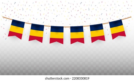 Vector illustration of the country flag of Chad with confetti on transparent background (PNG). hanging flag for Independence Day celebration.