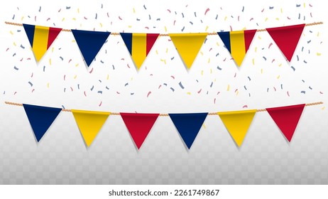 Vector illustration of the country flag of Chad with confetti on transparent background (PNG). hanging triangular flag for Independence Day celebration.