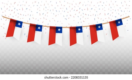 Vector illustration of the country flag of Chile with confetti on transparent background (PNG). hanging flag for Independence Day celebration.