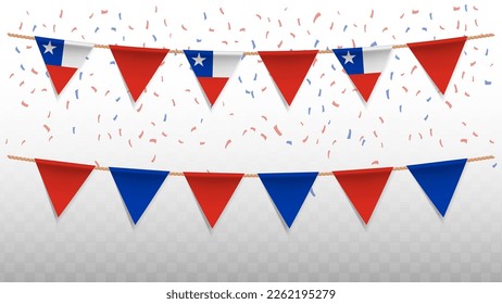 Vector illustration of the country flag of Chile with confetti on transparent background (PNG). hanging triangular flag for Independence Day celebration.