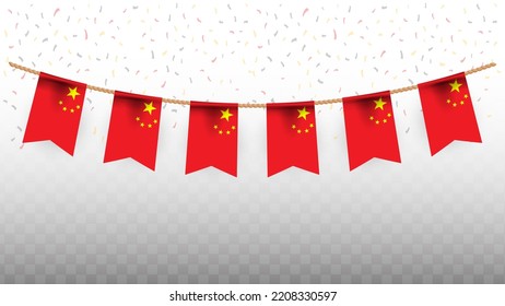 Vector illustration of the country flag of China with confetti on transparent background (PNG). hanging flag for Independence Day celebration.