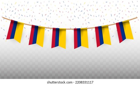 Vector illustration of the country flag of Colombia with confetti on transparent background (PNG). hanging flag for Independence Day celebration.