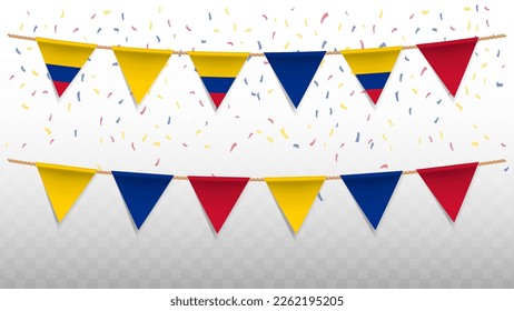 Ilustración vectorial de la bandera del país de Colombia con confetti sobre fondo transparente (PNG). colgando la bandera triangular para la celebración del Día de la Independencia.