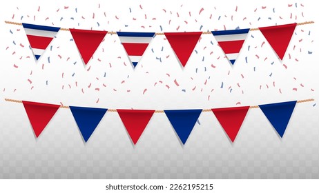 Ilustración vectorial de la bandera del país de Costa Rica, con confetti sobre fondo transparente (PNG). colgando la bandera triangular para la celebración del Día de la Independencia.