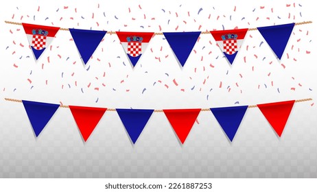 Vector illustration of the country flag of Croatia with confetti on transparent background (PNG). hanging triangular flag for Independence Day celebration.