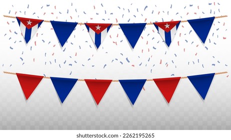 Vector illustration of the country flag of Cuba with confetti on transparent background (PNG). hanging triangular flag for Independence Day celebration.