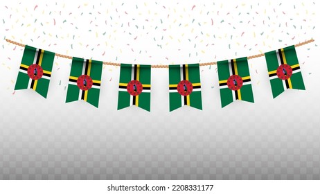 Vector illustration of the country flag of Dominica with confetti on transparent background (PNG). hanging flag for Independence Day celebration.