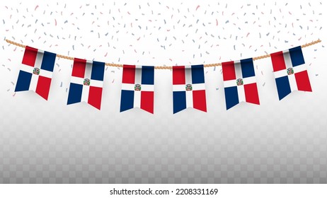 Vector illustration of the country flag of Dominican Republic with confetti on transparent background (PNG). hanging flag for Independence Day celebration.