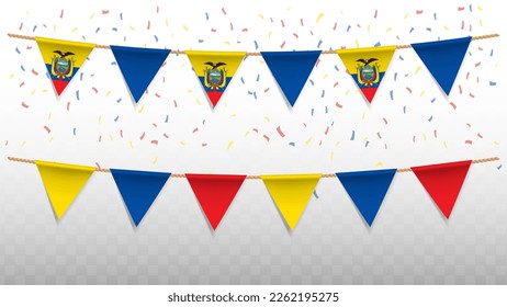 Ilustración vectorial de la bandera del país de Ecuador, con confetti sobre fondo transparente (PNG). colgando la bandera triangular para la celebración del Día de la Independencia.