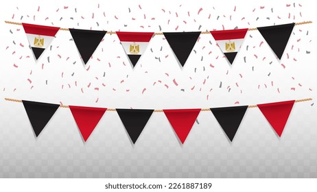 Vector illustration of the country flag of Egypt with confetti on transparent background (PNG). hanging triangular flag for Independence Day celebration.