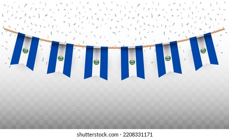 Ilustración vectorial de la bandera del país de El Salvador con confeti sobre fondo transparente (PNG). Bandera colgante para la celebración del Día de la Independencia.