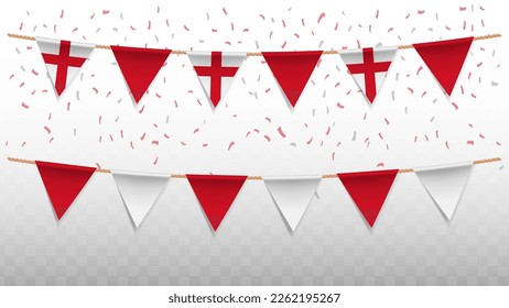 Vector illustration of the country flag of England with confetti on transparent background (PNG). hanging triangular flag for Independence Day celebration.