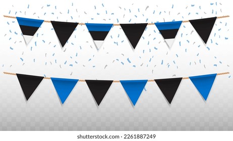 Vector illustration of the country flag of Estonia with confetti on transparent background (PNG). hanging triangular flag for Independence Day celebration.