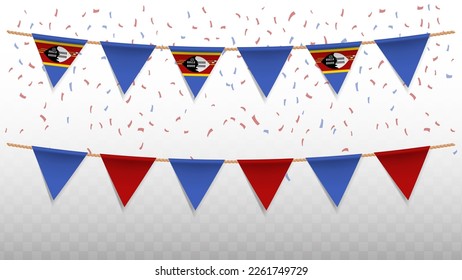 Vector illustration of the country flag of Eswatini with confetti on transparent background (PNG). hanging triangular flag for Independence Day celebration.