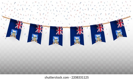 Vector illustration of the country flag of Falkland Islands with confetti on transparent background (PNG). hanging flag for Independence Day celebration.