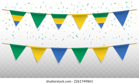 Vector illustration of the country flag of Gabon with confetti on transparent background (PNG). hanging triangular flag for Independence Day celebration.