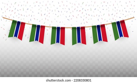 Vector illustration of the country flag of Gambia with confetti on transparent background (PNG). hanging flag for Independence Day celebration.