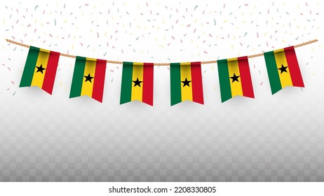 Vector illustration of the country flag of Ghana with confetti on transparent background (PNG). hanging flag for Independence Day celebration.