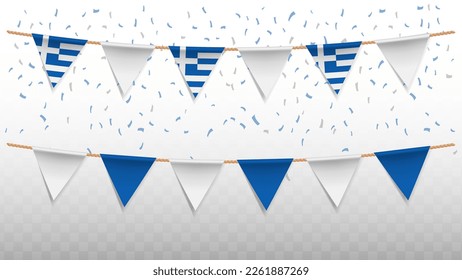 Vector illustration of the country flag of Greece with confetti on transparent background (PNG). hanging triangular flag for Independence Day celebration.