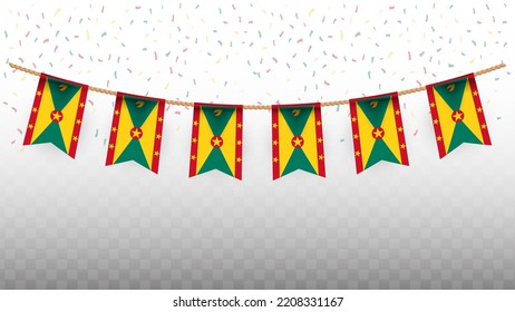 Vector illustration of the country flag of Grenada with confetti on transparent background (PNG). hanging flag for Independence Day celebration.