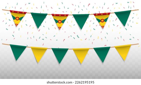 Vector illustration of the country flag of Grenada with confetti on transparent background (PNG). hanging triangular flag for Independence Day celebration.