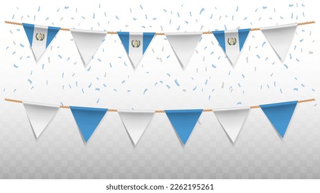 Ilustración vectorial de la bandera del país de Guatemala con confiti sobre fondo transparente (PNG). colgando la bandera triangular para la celebración del Día de la Independencia.