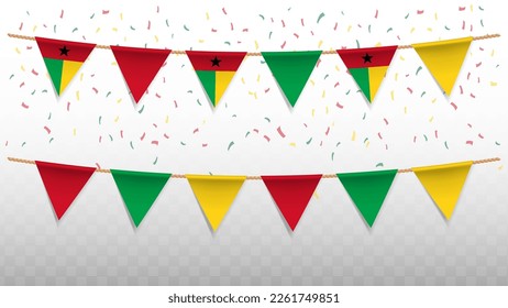 Vector illustration of the country flag of Guinea-Bissau with confetti on transparent background (PNG). hanging triangular flag for Independence Day celebration.